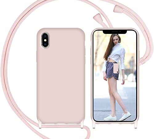 Nupcknn Funda Silicona Líquida con Cuerda para iPhone X/iPhone XS, Carcasa Suave Silicona Case con Correa Colgante Ajustable Collar Correa de Cuello Cadena Cordón(Oro Rosa, 5.8")