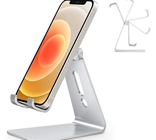 OMOTON Soporte Teléfono Móvil Mesa, Base Móvil Ajustable de Escritorio, Apoyo Teléfono de Aluminio para iPhone 13 Pro 12 Pro MAX 12 Mini 11, Xiaomi Redmi 9S 8 Pro, Samsung y Otras Smartphones, Plata