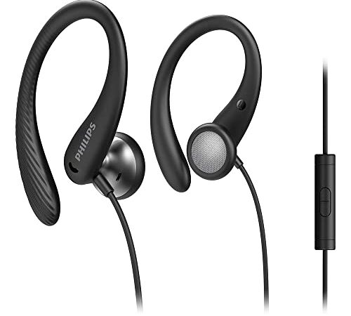 PHILIPS AUDIO Auriculares Deportivos Intrauditivos A1105BK con Micrófono (Gancho de Oreja Flexible, Apertura Bass, Resistentes al Sudor, Mando a Distancia Integrado) Negro