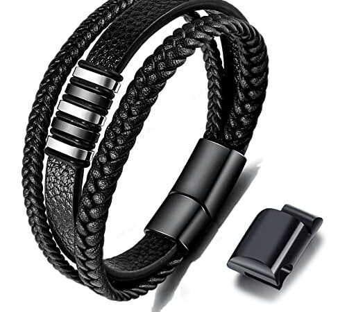 Pulsera Hombre de piel para negro - correa de cuero auténtico trenzado, pulsera enrollable ancha con cierre magnético, 22.5centimeters, Cuero