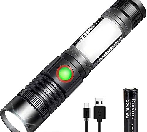 REHKITTZ Linterna LED Recargable Alta Potencia Militar COB Ajustable Portátil Linterna para Reparación del Coche, y Emergencia, Ciclismo, Camping, Montañismo (Con Batería & Base Magnético)