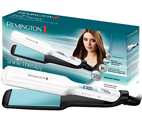 Remington Plancha de Pelo Shine Therapy, Aceite de Argán, Placas Flotantes Anchas, Resultados Profesionales, Cabello Brillante, Cerámica Avanzada, Temperatura hasta 235°C, Digital, S8550