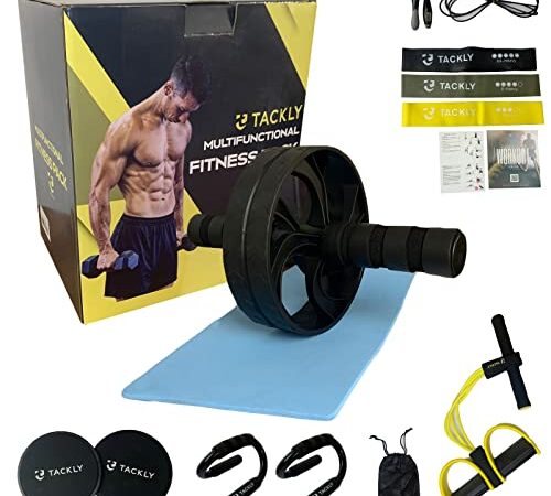 TACKLY Kit Gimnasio en casa Pack Rueda abdominales 7 en 1 - Set ejercicios fitness con rodillo abs + Comba inteligente + Soporte flexiones + Bandas resistencia + Discos antideslizantes + Pedal puller