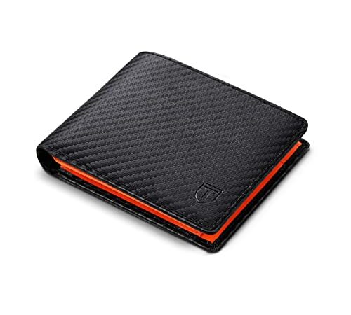 TEEHON Cartera Hombre, Billetera Hombre de Cuero de Fibra de Carbono con RIFD Bloqueo, 9 Ranuras para Tarjetas, 2 Ranuras para Billetes, 1 Bolsillo para Monedas, Regalo para Hombres - Naranja Negro