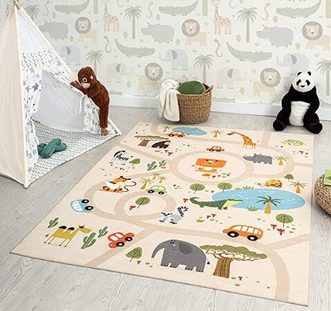 the carpet Happy Life - Alfombra de Juegos para habitación Infantil, Lavable, Alfombra de Calle, diseño de Animales, Color Beige, 100 x 200 cm