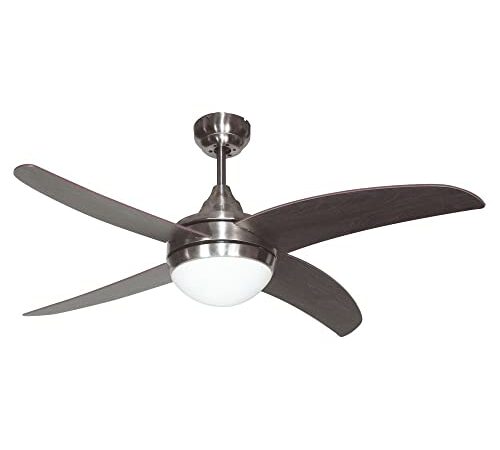 TODOLAMPARA - Ventilador de techo con luz y motor DC modelo OSIRIS Níquel, control remoto, 6 velocidades, 4 aspas Wengué, 2 portalámparas E27, silencioso, bajo consumo, tamaño mediano