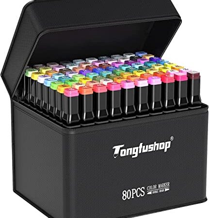 Tongfushop Rotulador de 80 Colores, Rotuladores Alcohol Impermeabile, SGS Certificación Marker Pen, Rotuladores Doble Punta con Base y Maletín de Transporte, Adecuado para Bocetos, Cómics