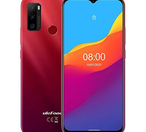 Ulefone Android 11 Moviles Libres Note 10 Teléfono, Dual SIM+SD Dedicada, Batería 5500mAh (Carga Inversa OTG), Octa-Core 32GB, 6.52'' Pantalla Waterdrop, Huella Digital + Identificación Facial Rojo