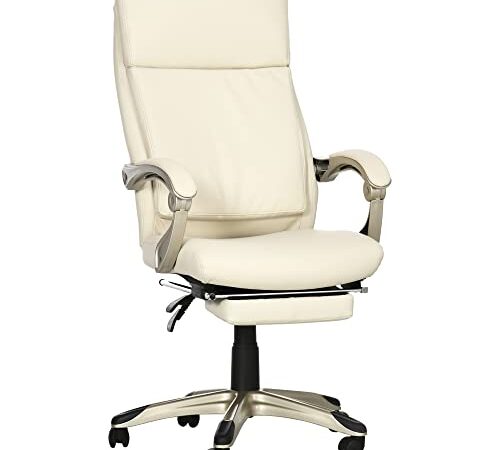 Vinsetto Silla de Oficina Ergonómica Silla Escritorio Reclinable Tapizada en PU con Altura Ajustable Giratorio y Reposapiés Retráctil para Salón Oficina Estudio 60,5x67x111-121 cm Blanco