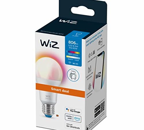 WiZ - Bombilla LED Inteligente Wi-Fi, A60 8,5 W (Eq. 60 W) casquillo E27, A todo color, Compatible con Alexa y Google Home