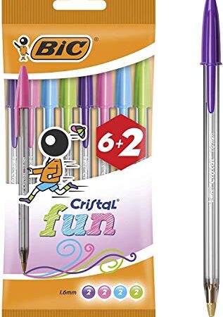 Bic Cristal Bolígrafos de Colores Surtidos, Fun, Punta Ancha (1,6 mm), Material Oficina, Blíster de 8 Bolis, Multicolor