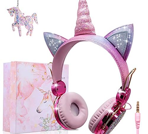 Cascos Unicornio Niña,Auriculares Niña En La Oreja con Mic, Cables Desmontables de 3.5 Mm Auriculares con Cable para TeléFono MóVil/Tableta/Computadora PortáTil, Regalos de Niña para CumpleañOs