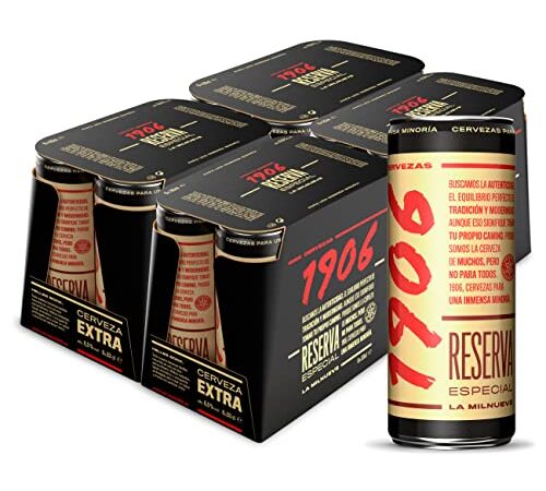 Cerveza 1906 Reserva Especial - Paquete de 24 latas de 330 ml – Bebida alcohólica 6,5% de volumen en alcohol – Cerveza en lata Para una Inmensa Minoría, La Milnueve – Maltas tostadas – Hijos de Rivera