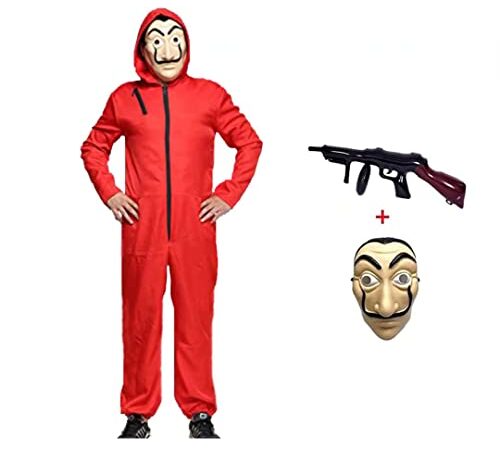 Halloween Mono de Ladrón de Banco para Carnaval,Disfraz de Ladrón Mono Rojo de Manga Larga con Capucha,Conjunto de Cosplay Disfraces Máscara y Ametralladora,Disfraz de Carnival (Adult-S--160-170)