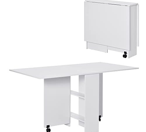 HOMCOM Mesa de Comedor Plegable Mesa de Madera con 2 Solapas 2 Estantes de Almacenaje y Ruedas para Cocina 80x140x74 cm Blanco