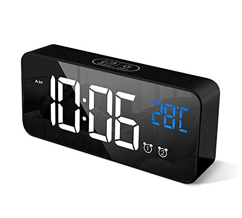 HOMVILLA Reloj Despertador Digital con Pantalla LED de Temperatura, Alarma de Espejo Portátil con Alarma Doble Tiempo de Repetición 4 Niveles de Brillo Regulable 13 Música Despertadores Digitales