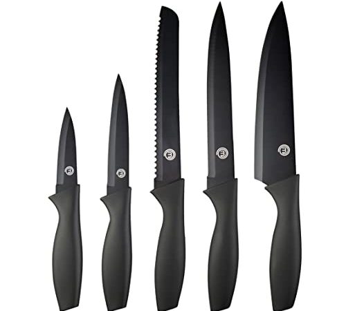 MasterChef Cuchillos Cocina, Set Cuchillo de Chef (Carne, Sierra por Pan, Verduras y Pescados), Colección de Acero Inoxidable con Asas Suaves al Tacto, Multifuncional, 5 Piezas, Negro.