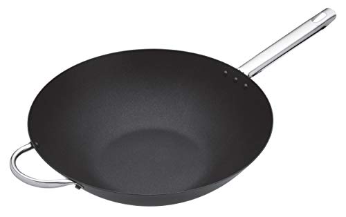 MasterClass Professional Wok Grande Antiadherente de Acero al Carbono apto para Inducción, Carbono, Negro, 35,5 cm (14 pulgadas)