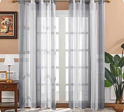 MRTREES 2 Piezas Cortinas Visillos Translúcidos Rayas de Dormitorio Moderno 140×225cm con Ojales para Ventanas Habitación Niño Salon Cocina Comedor Baño Gris+Blanca