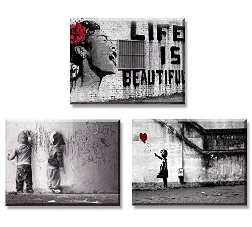 Piy Painting 3X Impresión de la Lona Chica con Globo Rojo La Vida es Hermosa Graffiti Boys en la Calle Decoración Cuadro en Lienzo Sala de Estar Cocina Aniversario 30x40cm