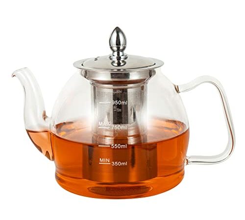 Tetera de vidrio con infusor, Tetera, Teteras, Tetera de 1000 ml, Tetera de vidrio borosilicato para estufa, Tetera para té, Té floreciente, Té flojo, Té floreciente