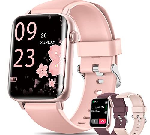 XINGHESF Smartwatch Mujer Recibir y Contestar Llamadas, 1.7'' HD Pantalla Táctil Completa con 3 Correas IP68 Pulsómetro Monitor de Sueño SpO2 Caloría Smartwatch con Llamadas para Android iOS Rosa